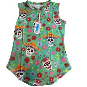 Proud 90 Golf Sleeveless Polo Shirt Womens XS Green Sugar Skull Floral NWT